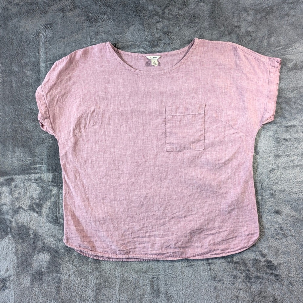 LL Bean Womens 100% Linen Short Sleeve Pocket Top Pink Mauve Coastal Boho